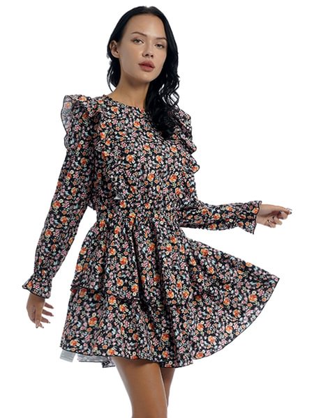 Sexy Women's Back Button Ruffle Shoulder Hem Floral Printed Long Sleeves Spring Slim Waist Dresses #S-XL - Life is Beautiful for You - SheChoic