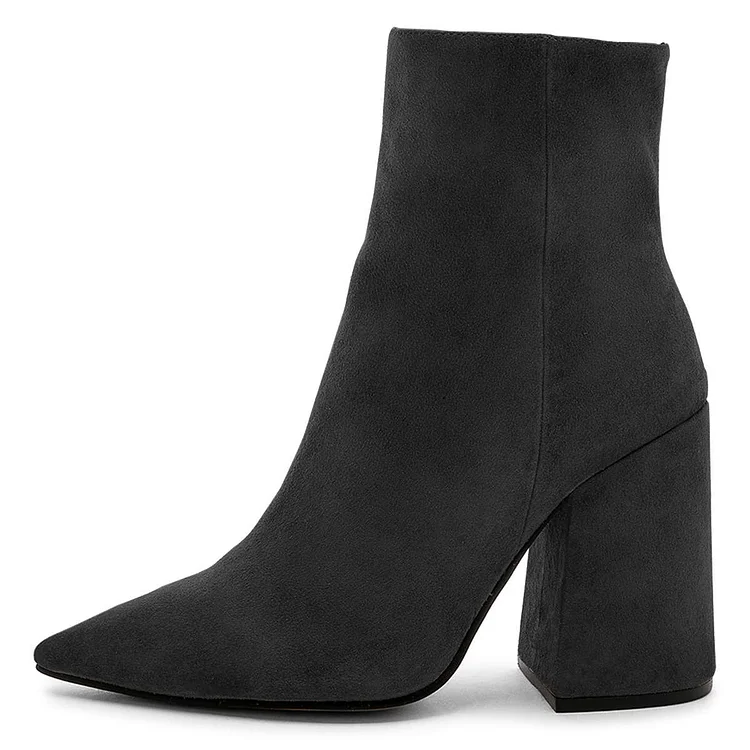 Black Vegan Suede Pointy Toe Block Heel Ankle Boots |FSJ Shoes