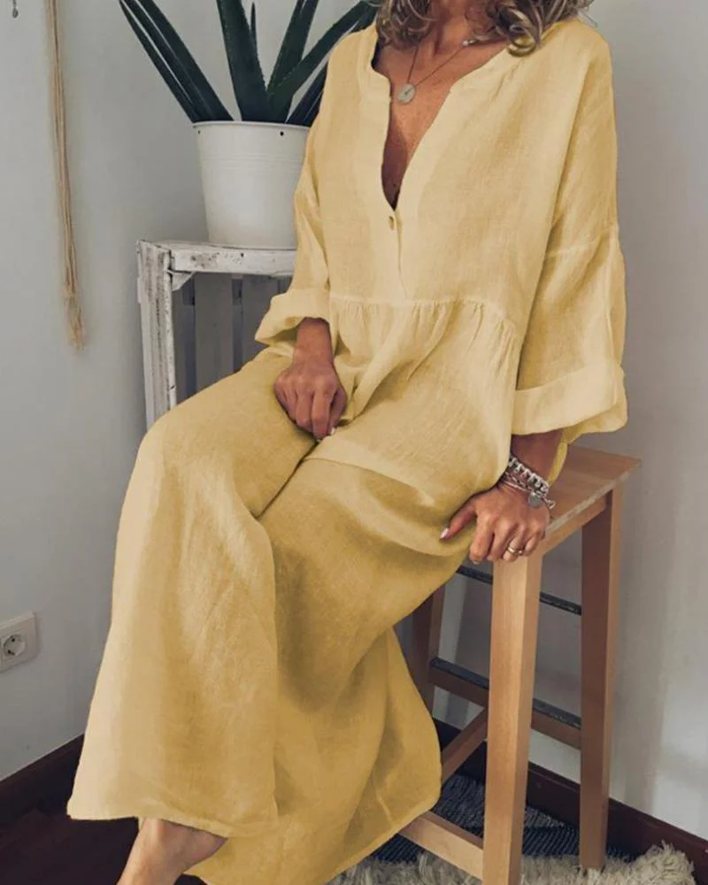 Women's V-neck Button Detail Linen Dress