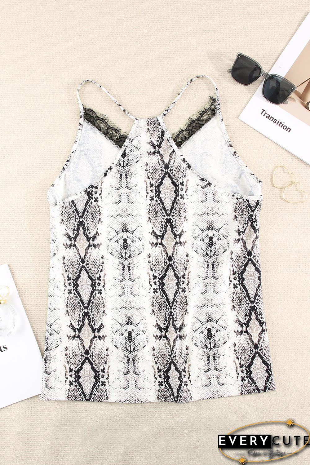 Plus Size Snakeskin Lace Splicing Spaghetti Strap Tank Top