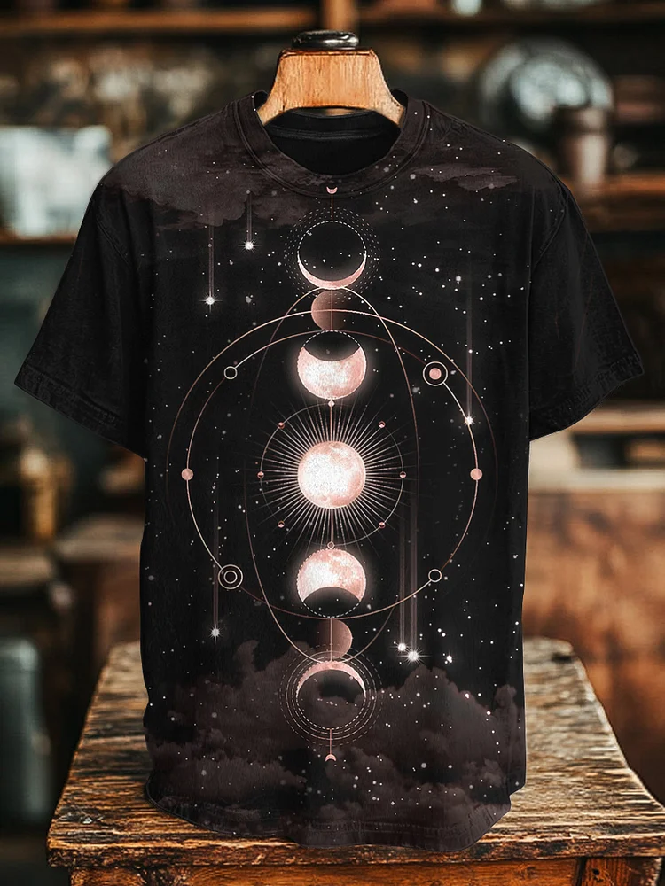 Men's Moon Phase Art Printed Casual T-Shirt