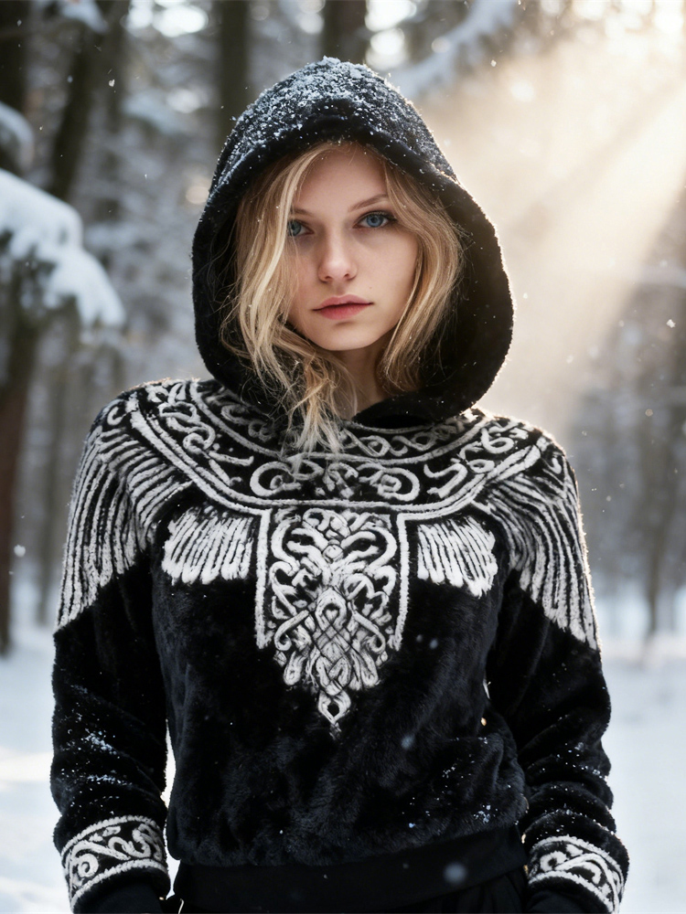 Viking Wings Design Women's Flannel Hooded Sweatshirt elevenforest