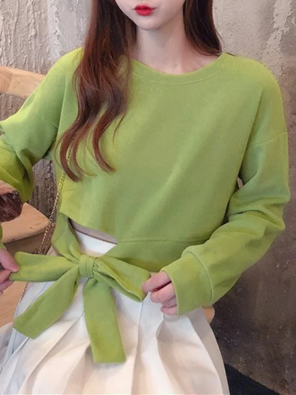 Solid Color Hollow Bowknot Asymmetric Loose Long Sleeves Round-Neck Sweatshirt Tops