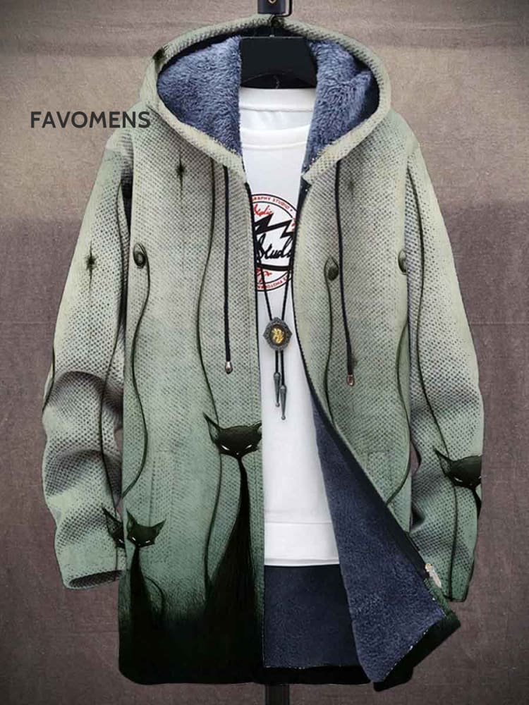 Cat Art Unisex Plush Thick Long-Sleeved Print Sweater Cardigan Coat Multicolor / S