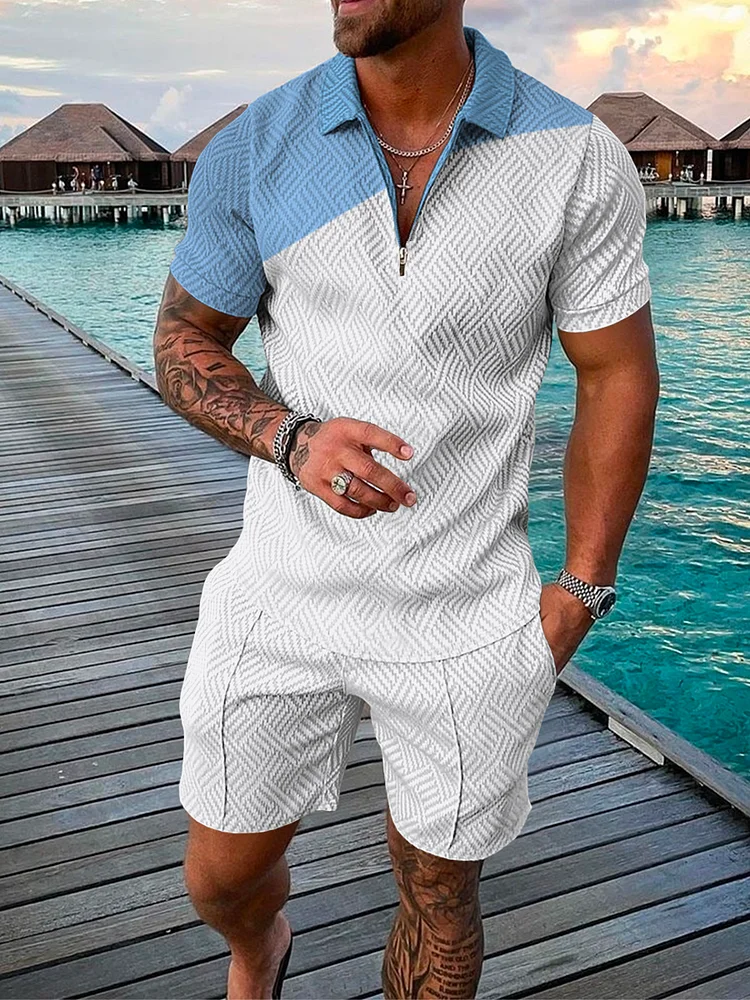 Men's Sea Casual Contrast Color Lapel Polo Suit