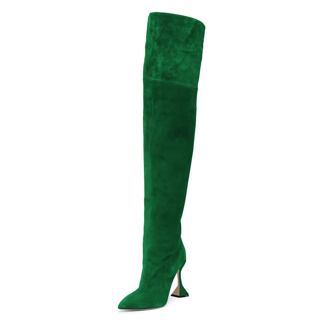 Green Pointed Toe Pull-On Over The Knee Boots with Flared Heels