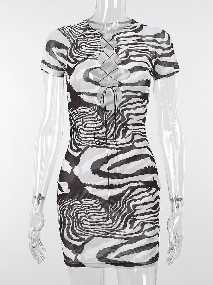 WannaThis Zebra Print Women Shirts Mini Dress Short Sleeve Hollow Out Party Bodycon Sexy Casual Black Korean Fashion Dress 2021