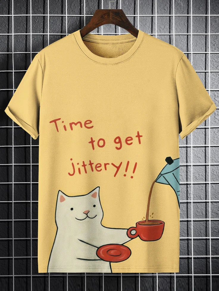 Men's Time to get Jittery Cat and Coffee Print Casual T-Shirt