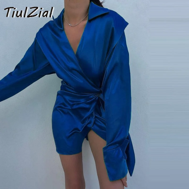 Green Long Sleeve Mini Satin Dress Nothed Lace Up Bandage Wrap Summer Dress High Waist Casual Shirt Dresses Women Blue