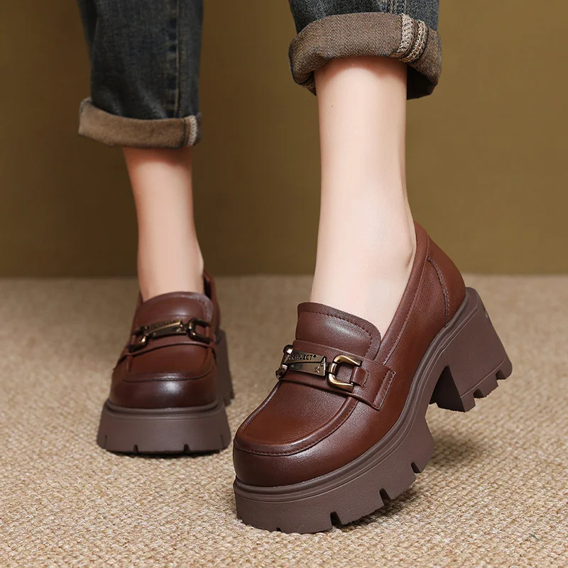 Yyvonne Cowhicked Retro English Wind And Happy Shoes Women's Autumn New Thick Bottom Single Shoes Thick Heeled High Shoes