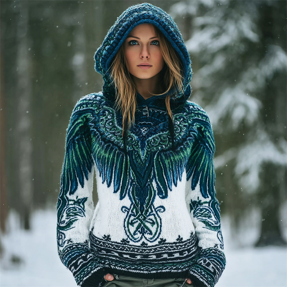 Nordic Mythic Wings Pattern Women's Knit Hooded Sweater elevenforest