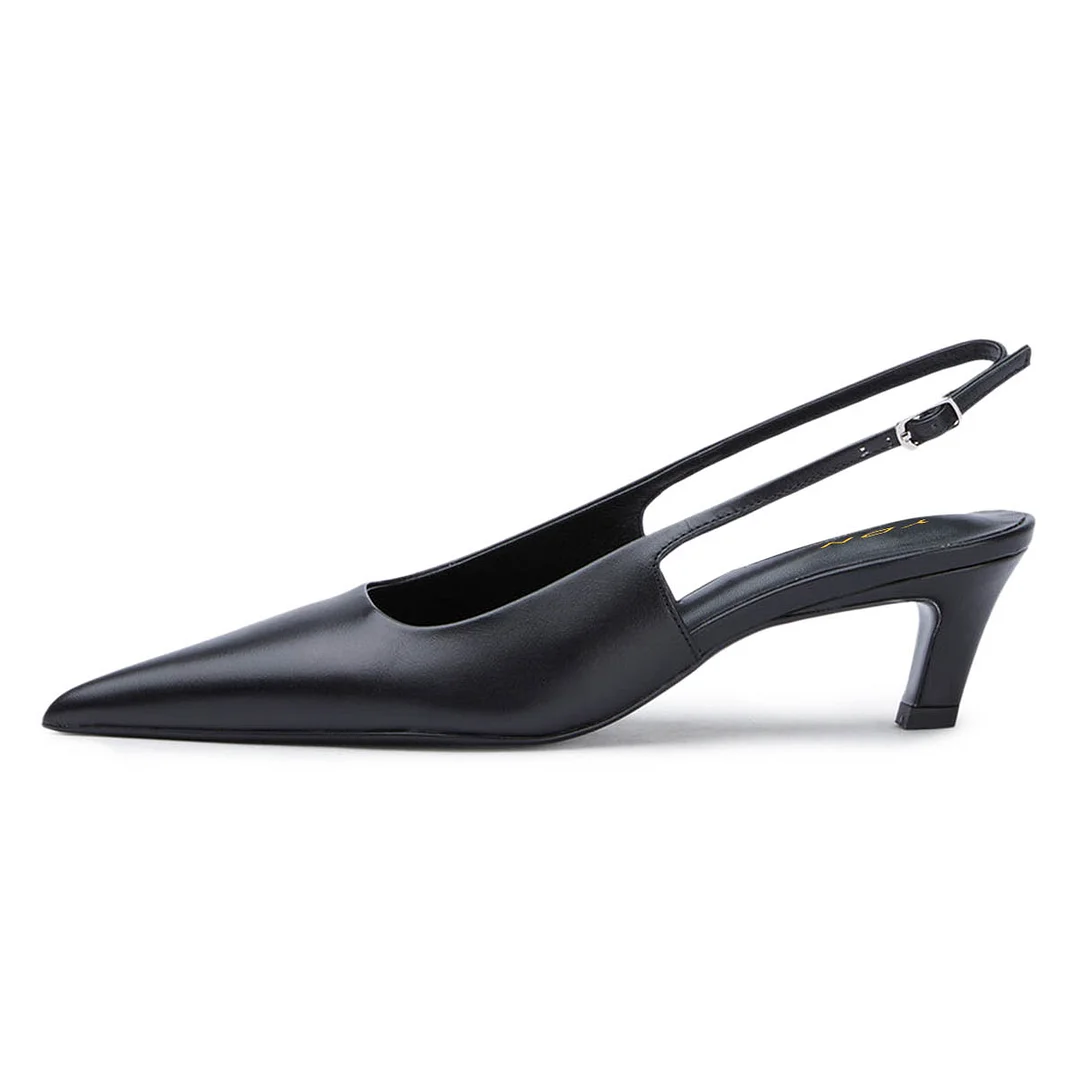 Black Vegan Leather Pointed Toe Buckle Strap Slingback Kitten Heels