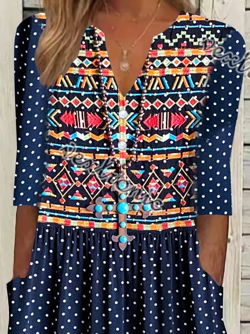 Women Half Sleeve V-neck Solid Color Dress