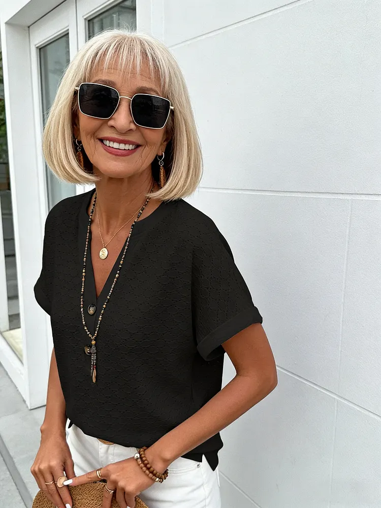 Casual Solid Color Button-down V-neck T-shirt Women's Short Sleeves