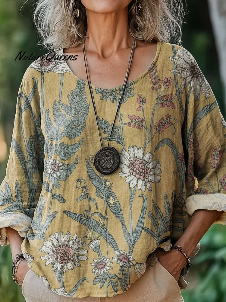 Women's Vintage Flower Art Print Casual Cotton And Linen Shirt