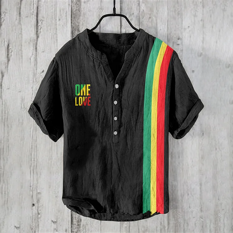 Men'S One Love Rasta Art  Linen Blend Shirt