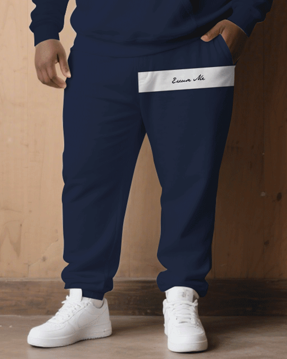 Big & Tall Men Fall/Winter All-match Royal Blue & White Slogan Printed Hoodie Suit