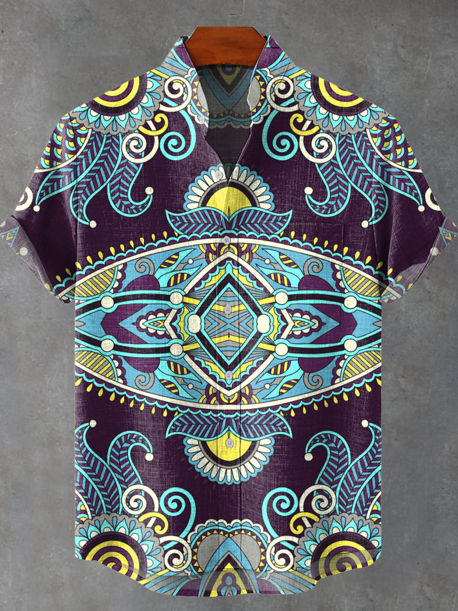 Vintage Abstract Ethnic Paisley Floral Art Print Casual 100% Cotton Shirt