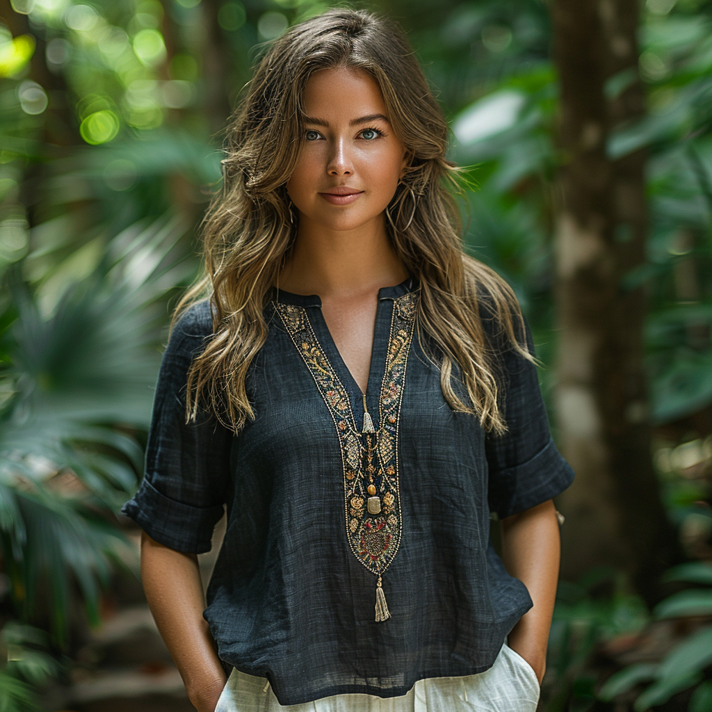 Woman - Ethnic Linen Top-inspireuse