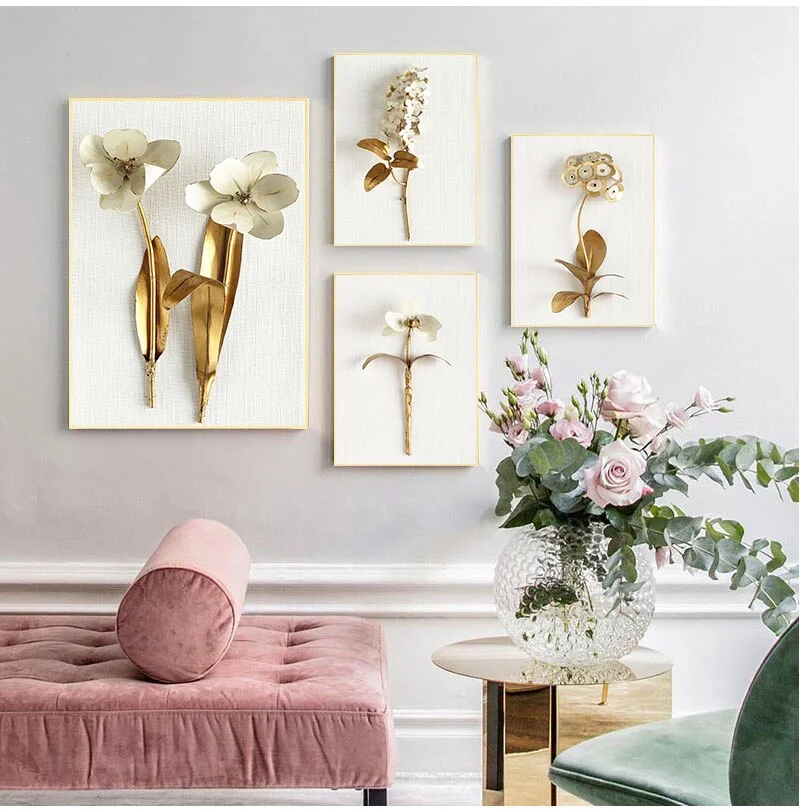 Golden plant leaves and flowers Wall art  canvas painting Wall Pictures for Living Room Nordic Decoration Pictures morden decor