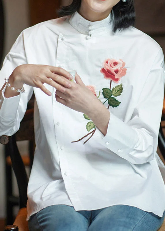 Chinese Style White Button Embroideried Cotton Shirt Long Sleeve