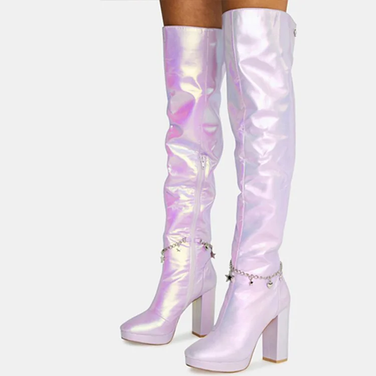 Light Pink Thigh Boots Women'S Classic Round Toe Chunky Heels Fashion Platform Zipper Boots |FSJ Shoes