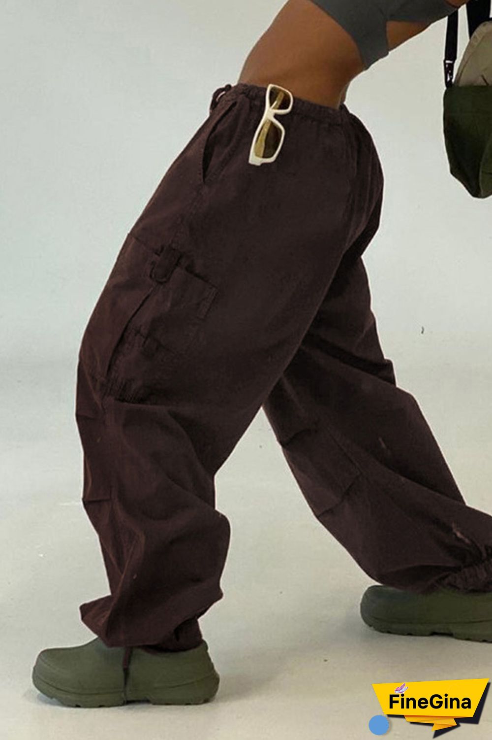 Brown Casual Street Solid Patchwork Pocket Loose Low Waist Wide Leg Solid Color Bottoms