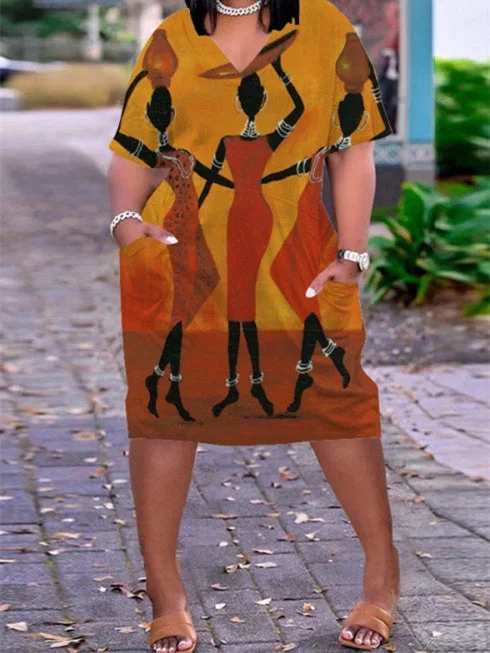 Women's Brown Plus Size V-neck Mid-sleeve Dress