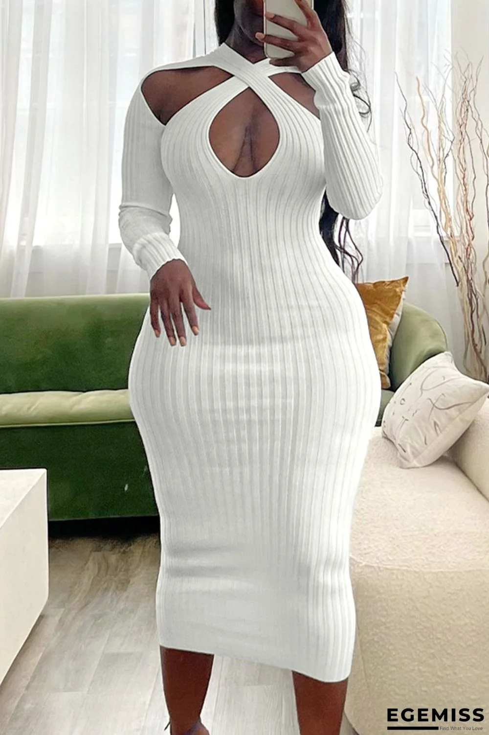 Cream White Sexy Solid Hollowed Out Patchwork Asymmetrical Collar One Step Skirt Dresses | EGEMISS