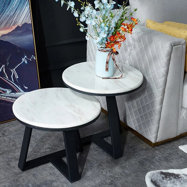 Homemys Modern Minimalism Round Side Table End Table, Marble Top, Black Stainless Steel Base