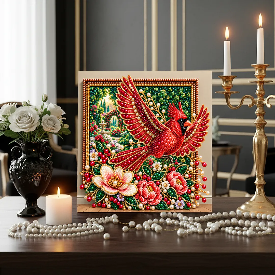 Pearl Painting Kit with Frame Red Cardinal Flower 11.81x11.81in