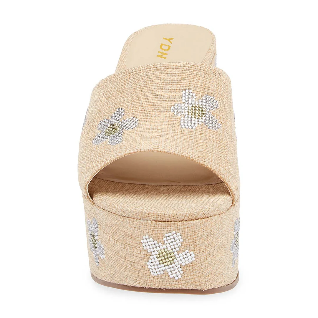 Beige Fabric Open Toe Platform Mules with Studded Flowers