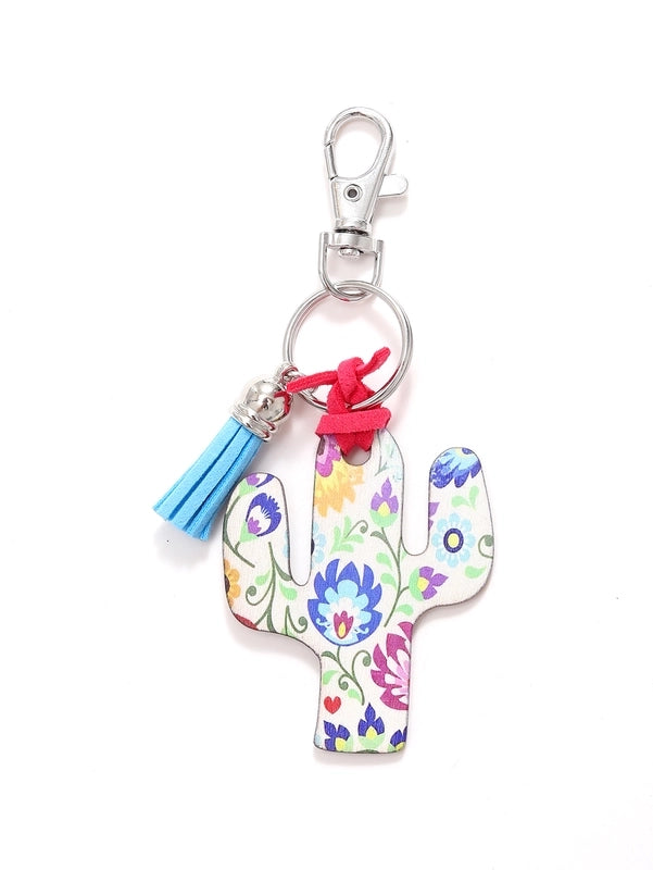 Classic Style Commute Cactus Printing Wood Bag Pendant Keychain