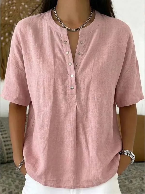 Women's Solid-Color Loose-Fit Short-Sleeve Henley Pullover