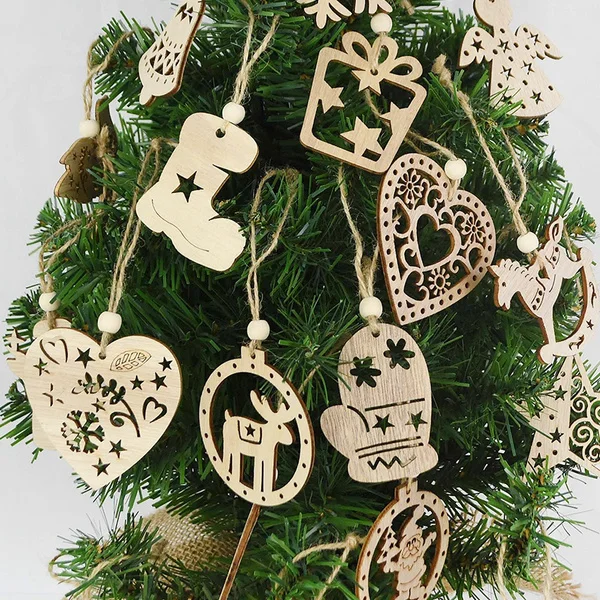 6Pcs European Vintage Christmas Wooden Pendants Hollow Snowflake Christmas Tree Hanging Ornaments Wood Crafts Xmas Home Decor