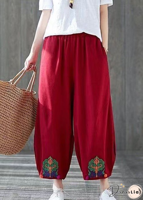 Red Pockets High Waist Cotton Crop Pants Embroidered