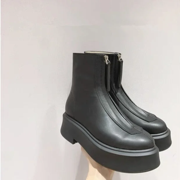Women's Ankle Boots Punk Style Platform Shoes Front Zipper Genuine Leather Motorcycle Boots Designer Thick Bottom Western Boots