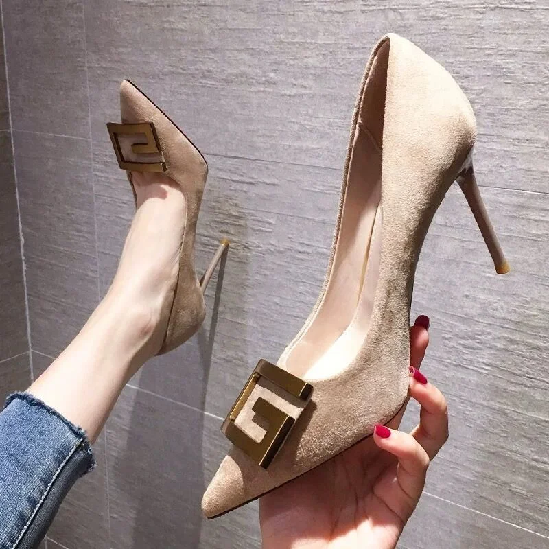 Qengg Women Pointed Toe Single Shoes Pumps High Heels Korean Stiletto Suede Shallow Shoes with Metal Decoration Dress Working Shoes