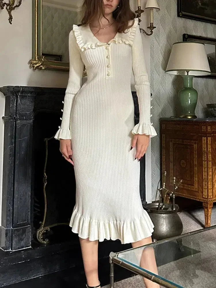 Brownm Pan Collar Ribbed Midi Dress