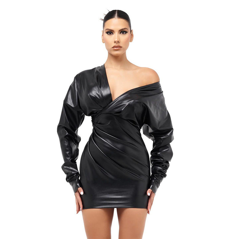 Autumn Winter Women Clothing Fashionable Elegant Faux Leather Deep V Plunge Plunge neck Sexy Slim Hip Dress