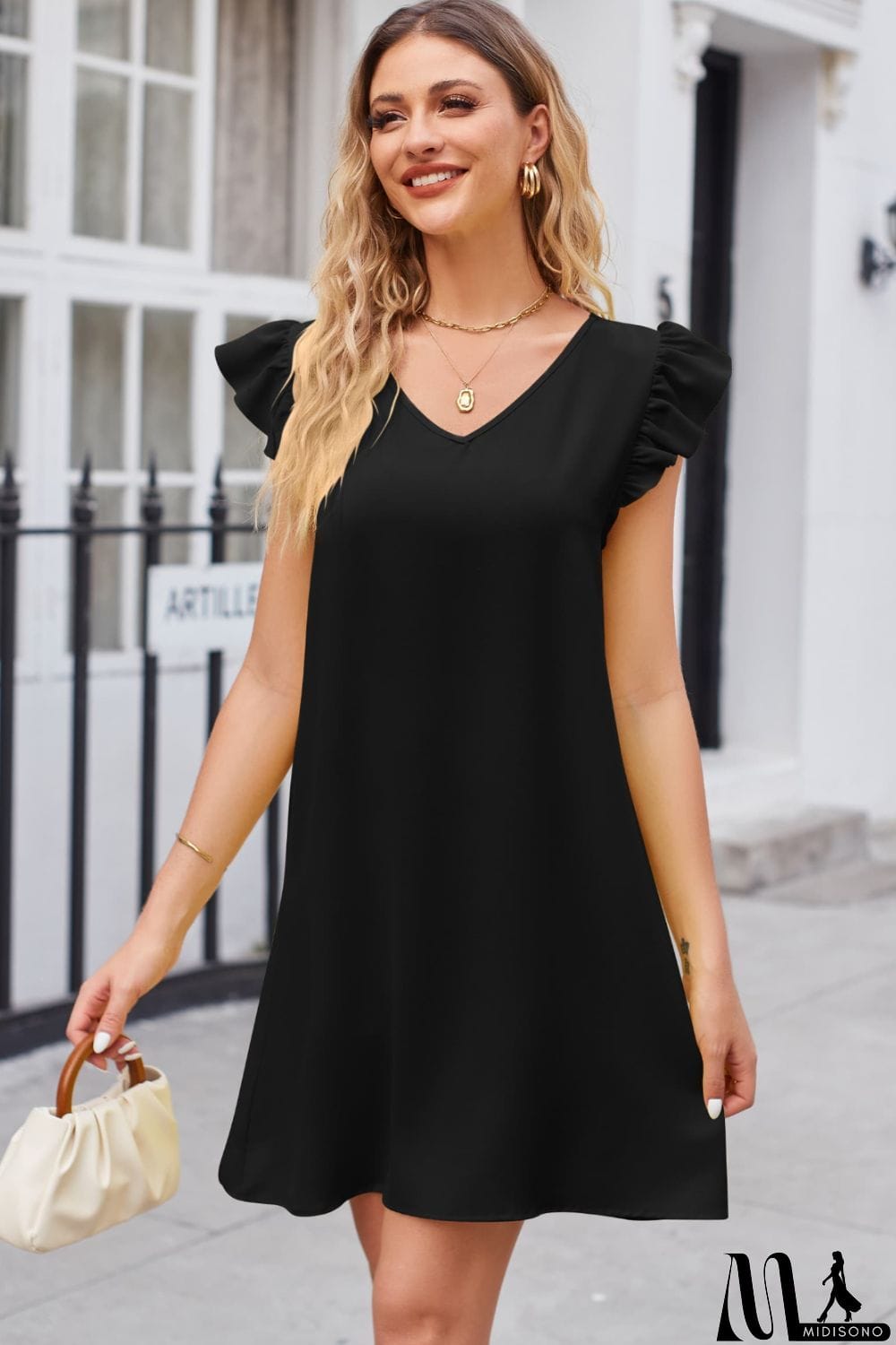 MidiSono - Ruffled V-Neck Flutter Sleeve Dress