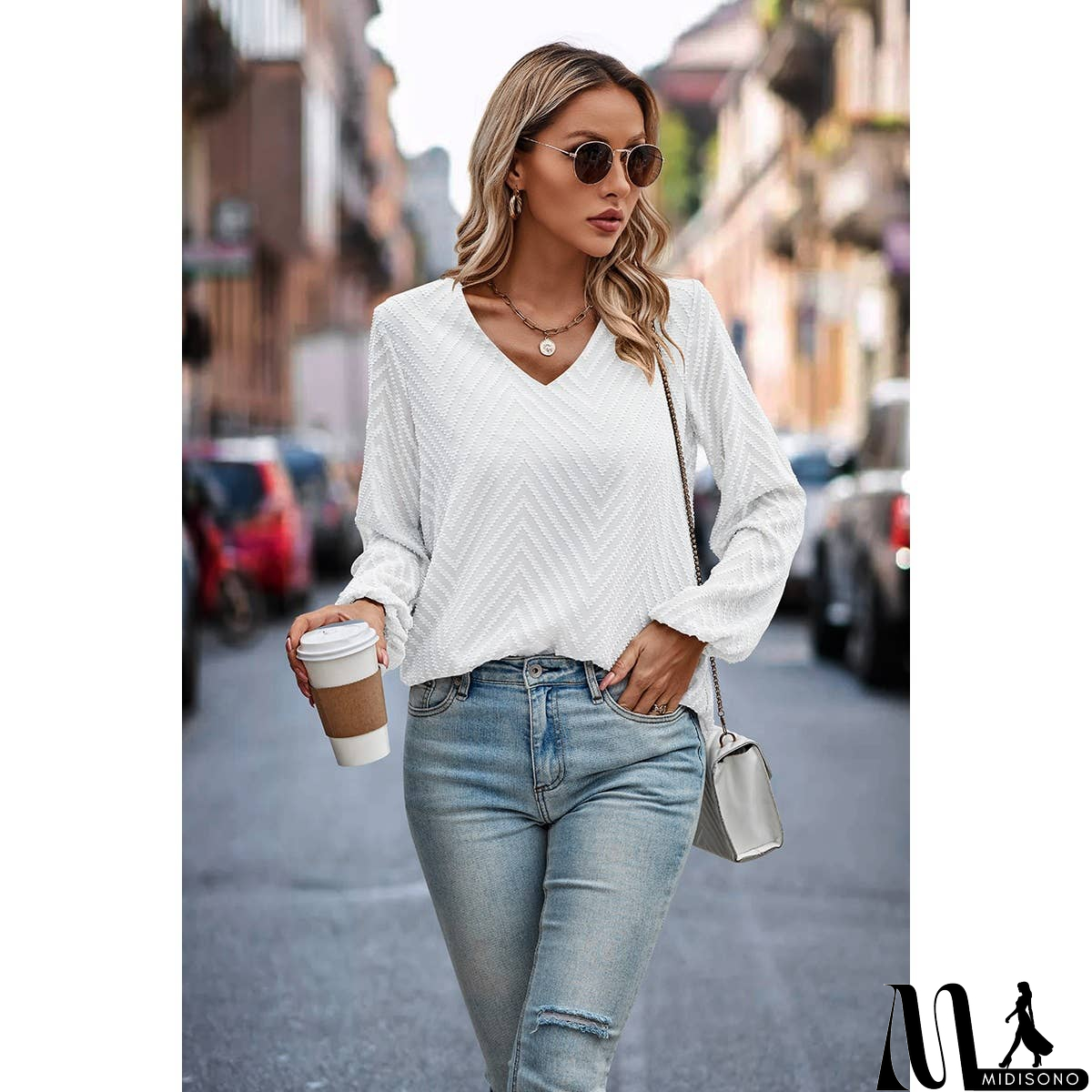 MidiSono - Chevron V Neck Long Sleeve Loose Top