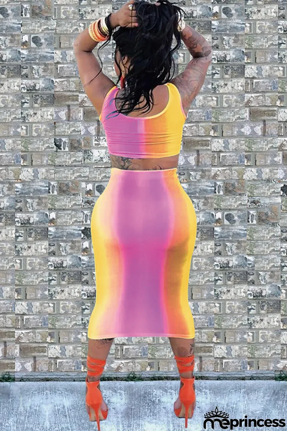 Ombre Sexy Fashion Tank Sleeveless O neck Step Skirt Mid-Calf hollow out Print Fluorescent hole backless