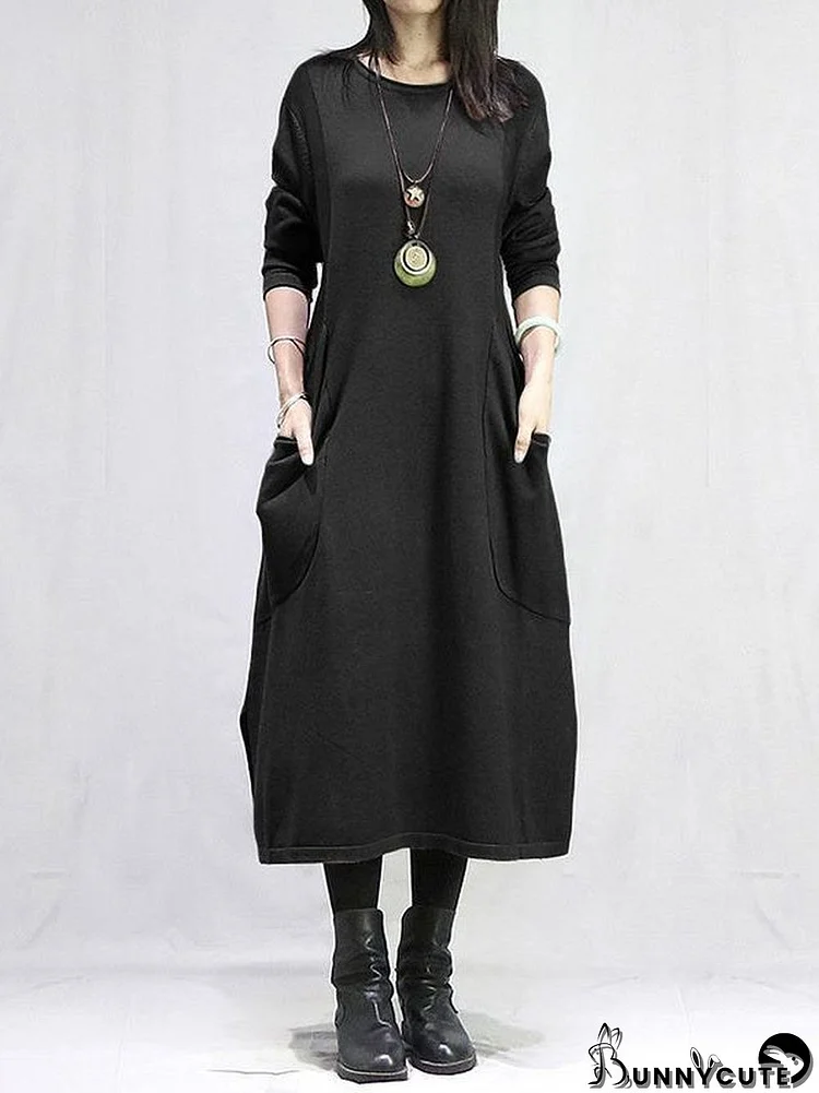 Women's Long Sleeve Scoop Neck Solid Color Midi Dress