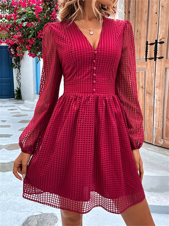 Spring and Summer New Solid Color High Waist Women's Temperament Hollow Long-sleeved Short Skirt Hot A-line Dress V-neck Sexy Wind Dress-Cosfine