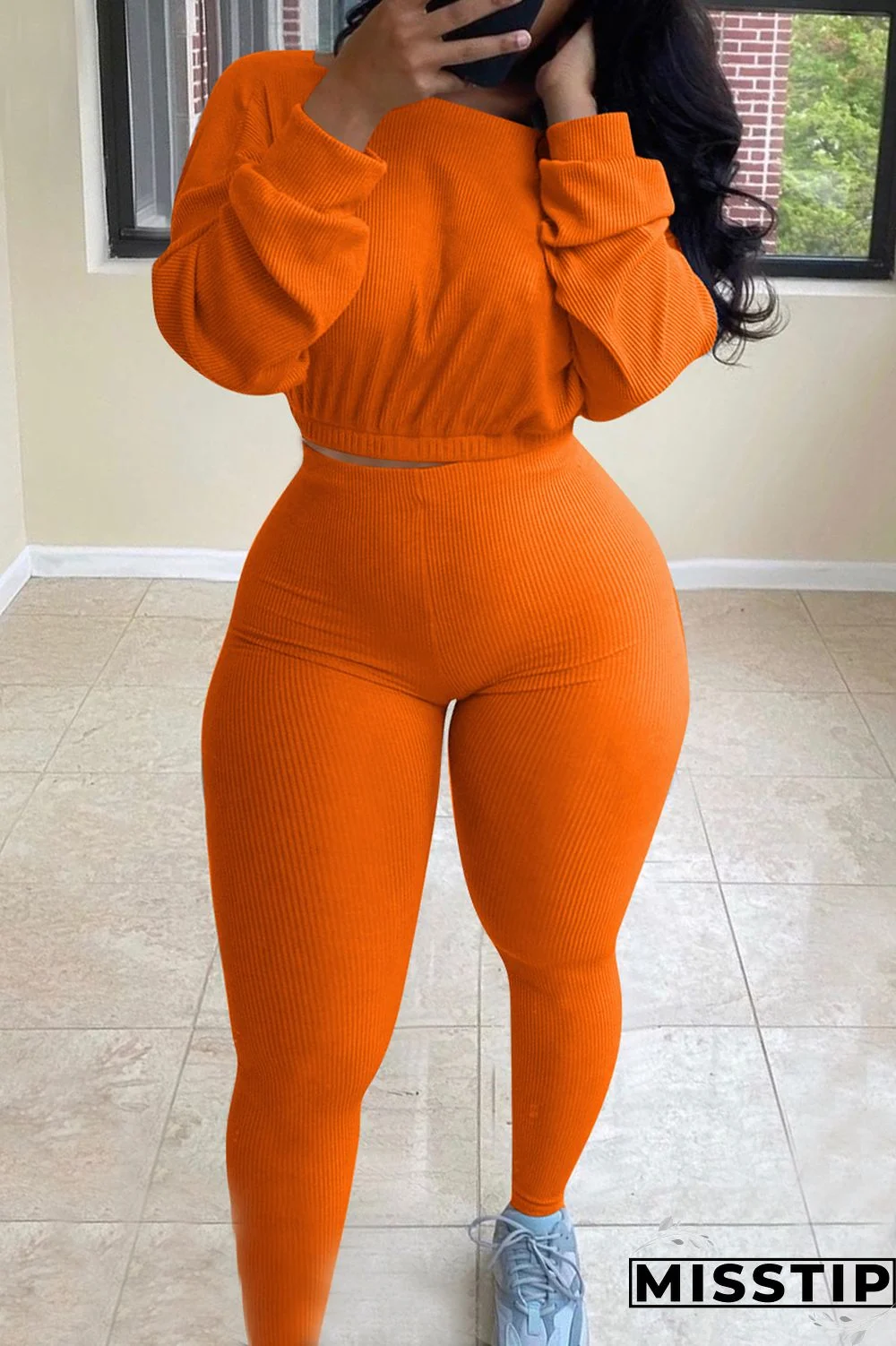 Dark Blue Active Europe and America Street Solid Skinny Long Sleeve Two Pieces