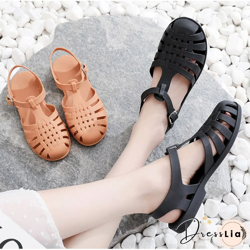 Womens Sandals Jelly Shoes Summer Ankle Strap Rubber Soft Sole Non-Slip Mom Casual