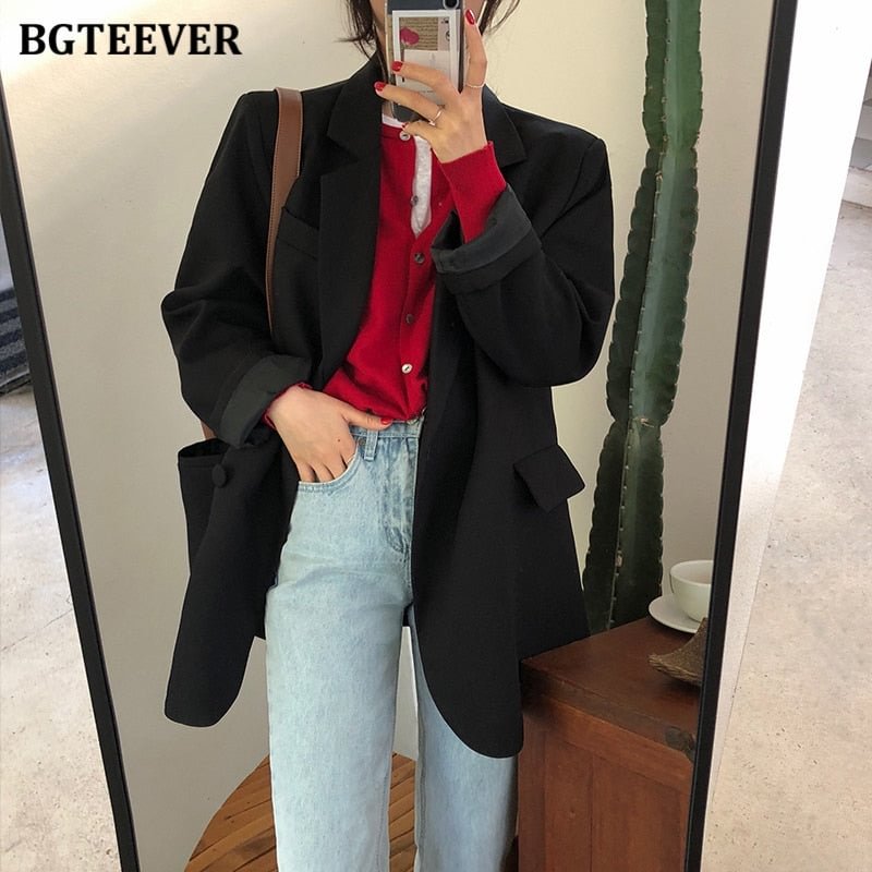 BGTEEVER Chic Loose Light Green Women Blazer Summer One Button Female Suit Jacket Full Sleeve Outwear blaser femme 2021
