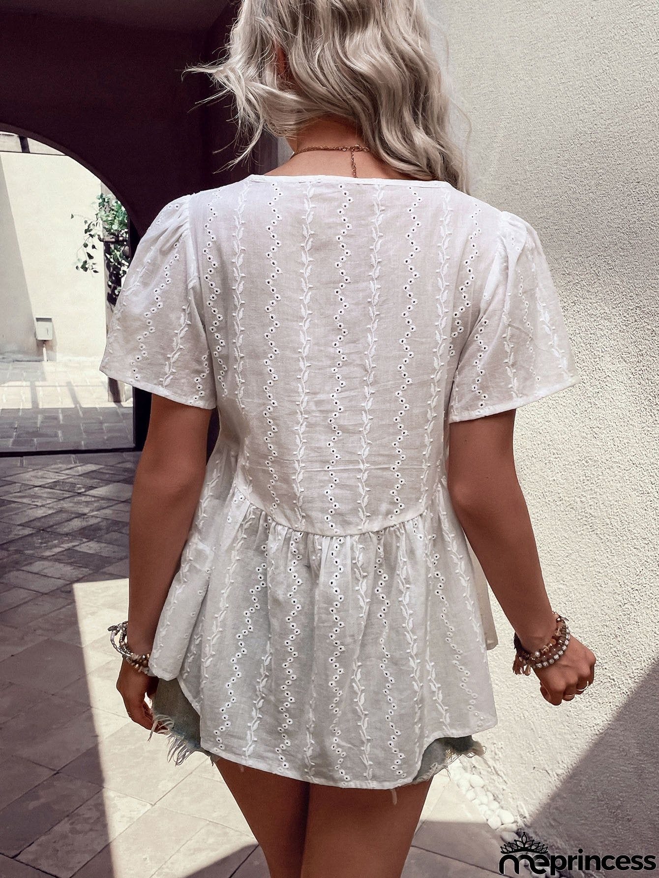 Tied Decorative Buttons Short Puff Sleeve Blouse