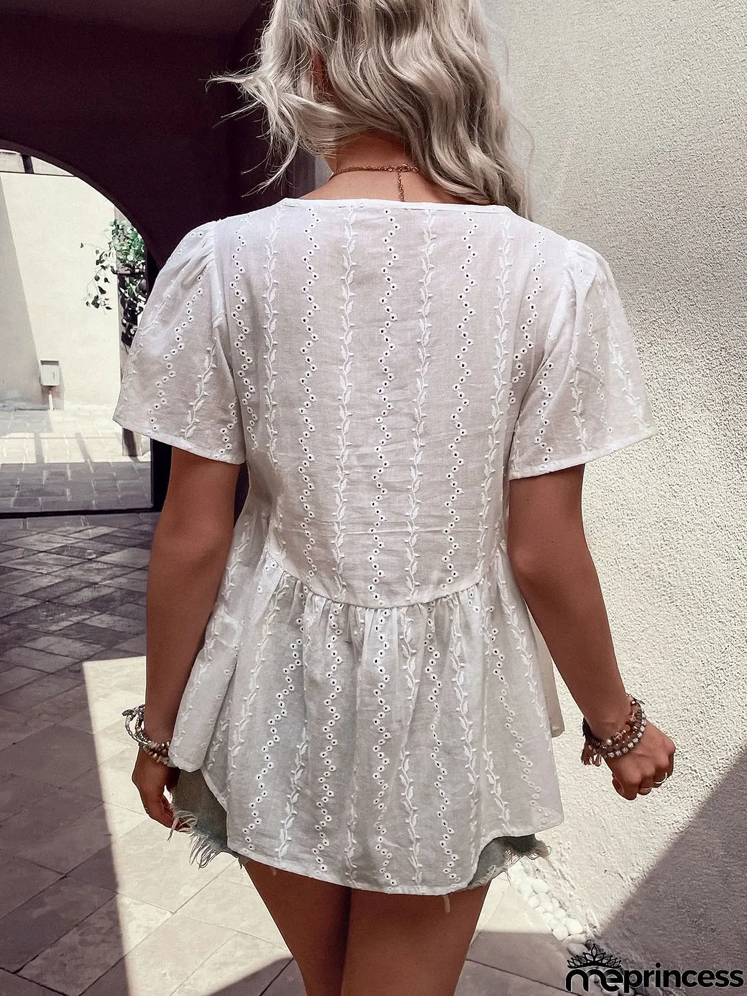 Tied Decorative Buttons Short Puff Sleeve Blouse